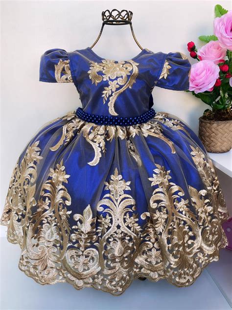 Vestido Infantil Azul Royal Renda Dourada Realeza Pérolas Rosa