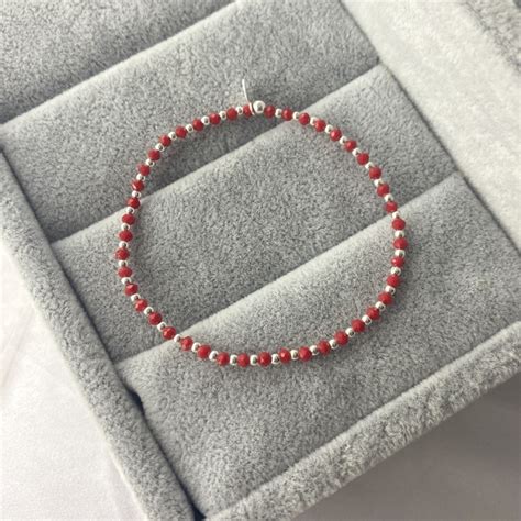 Pulsera Bolitas Rojas Elastizada Plata 925 Cod 21