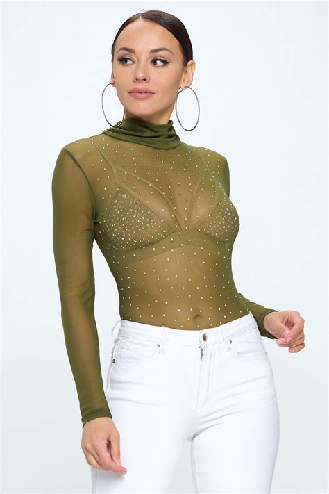 Long Sleeve Mock Neck Rhinestone Mesh Bodysuit Ohyes Fashion