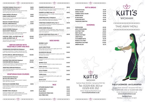 Menu at Kutis Of Wickham restaurant, Fareham