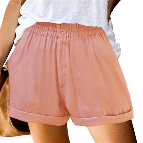 Poteti Women Running Shorts High Waisted Flat Front Women Shorts Pink Button Casual Elastic