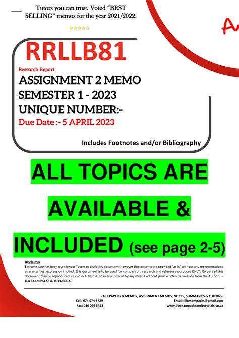 RRLLB81 ASSIGNMENT 2 MEMO SEMESTER 1 2023 UNISA DETAILED