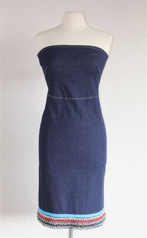 Vintage 1990s Y2k Stretch Denim Strapless Dress With Beaded Etsy