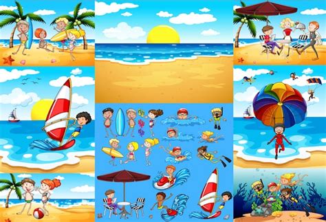 Premium Vector Ocean Scenes With Tourists Having Fun