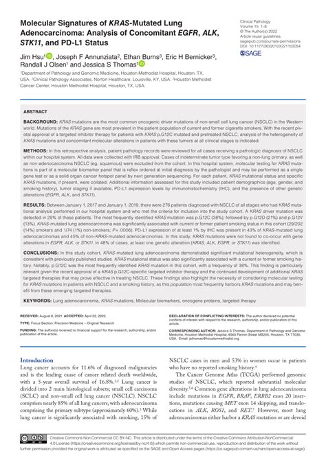 Pdf Molecular Signatures Of Kras Mutated Lung Adenocarcinoma Analysis Of Concomitant Egfr