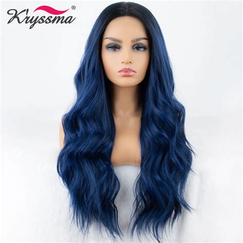 Mixed Blue Synthetic Lace Front Wig Long Wavy Ombre Blue Wigs For Women