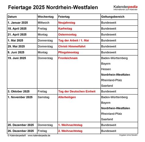 Feiertage Nordrhein-Westfalen (NRW) 2025 - Kalenderpedia