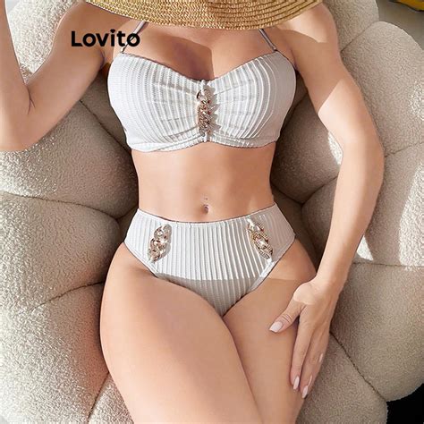 Lovito Conjuntos De Bikini Con Botones Lisos Sexy Para Mujer Lnl