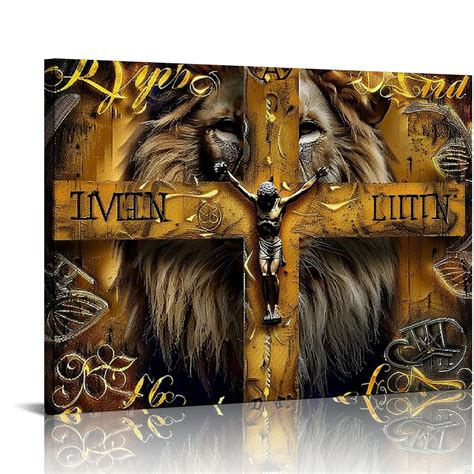 Nawypu Lion Motivational Canvas Wall Art Christian Cross Lion Wall