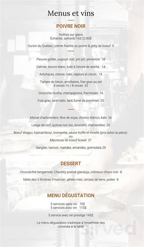 Poivre Noir menu in Trois Rivières Quebec Canada