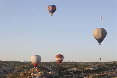 Premium Photo Panoramic Image Of Hot Air Balloons Flying In Clear Blue Sky Travel Tourism And