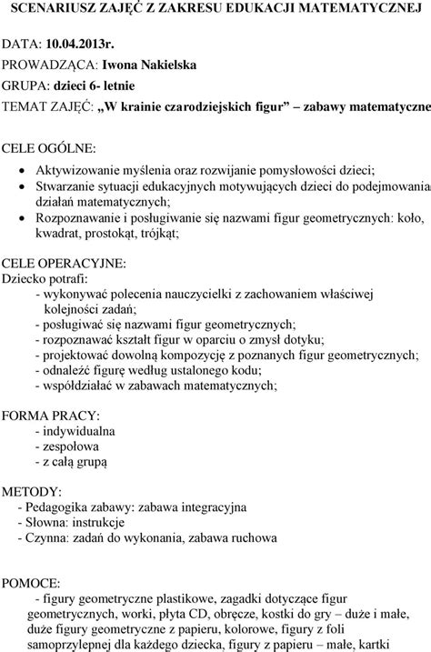 SCENARIUSZ ZAJĘĆ Z ZAKRESU EDUKACJI MATEMATYCZNEJ PDF Darmowe pobieranie