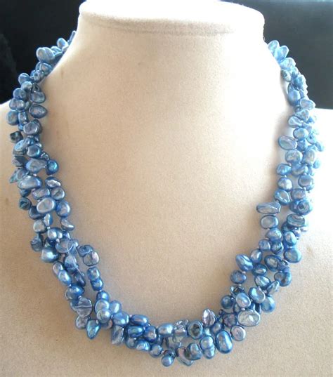 Rows Freshwater Pearl Blue Baroque Reborn Keshi Necklace Inch Fppj