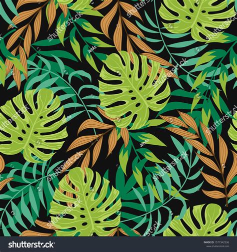 Seamless Pattern With Tropical Leaves On Dark Background Trendy Summer