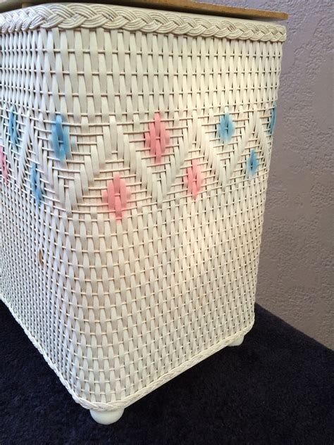 Vintage Mid Century Nursery Laundry Hamper Baby Clothes White Wicker