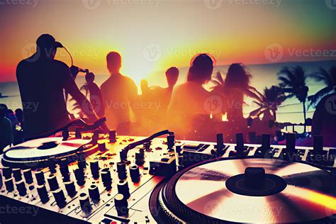 Dj Mixing Outdoor At Beach Party Festival With Crowd Of People In Background Summer Nightlife