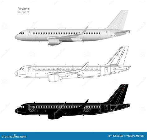 Aviones En Estilo Realista Y Del Esquema Silueta Negra Del Avión Vista