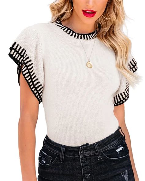 Womens Short Sleeve Sweaters Tops Summer Ruffle Striped Loose Crew Neck Lightweight Soft Shirts