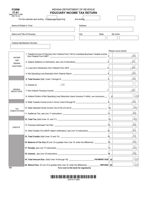 Fillable Form It 41 State Form 11458 Fiduciary Income Tax Return