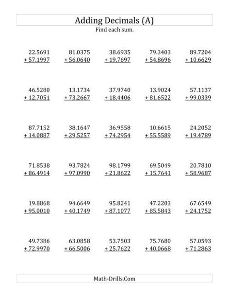 Adding Decimal Ten Thousandths With 2 Digits Before The Decimal Range 10 0001 To 99 9999 All