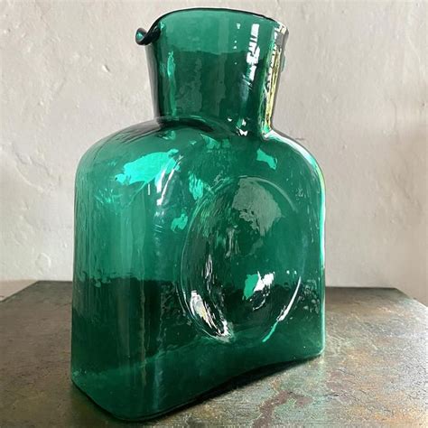 Vintage Blenko Emerald Green Glass Water Bottle Carafe Etsy Glass Water Bottle Green Glass