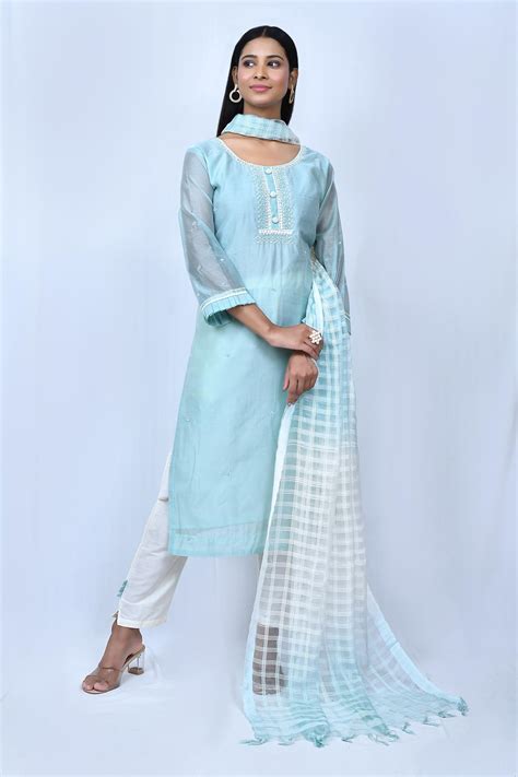 Buy Sky Blue Kurta Dola Silk Embroidered Cutdana Round Sheer Sleeve