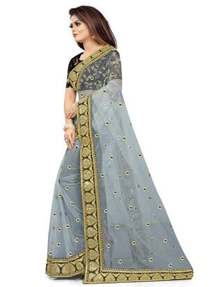 Buy Online Grey Contrast Bordered Saree With Blouse From Ethnic Wear