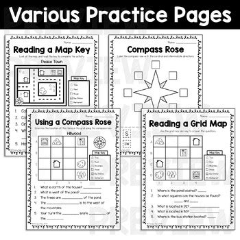 Map Skills Worksheets - Map Keys, Grid Maps, and Compass Roses by ...