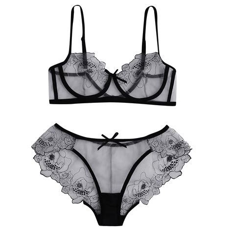 Rinsvye Sheer Floral Lace Pajamas Lingerie Set High Waist Sleepwear Bra