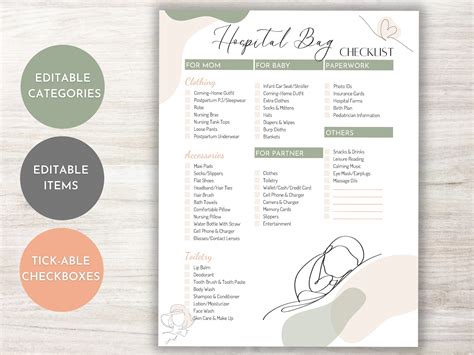 Hospital Bag Checklist Editable Pdf Fillable Printable Digital Template