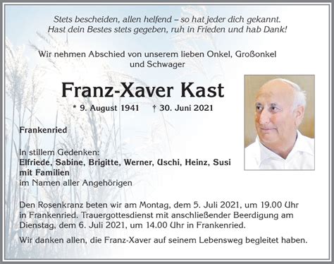 Traueranzeigen Von Franz Xaver Kast Allg Uer Zeitung