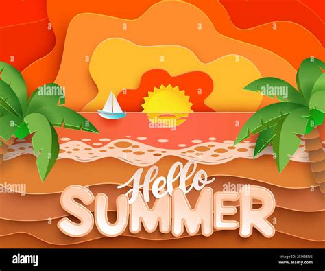 Hello Summer Vector Banner Design Hello Summer Text In Sunset Beach