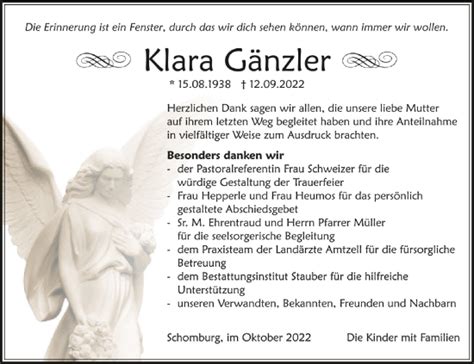 Traueranzeigen von Klara Gänzler schwaebische de Trauerportal