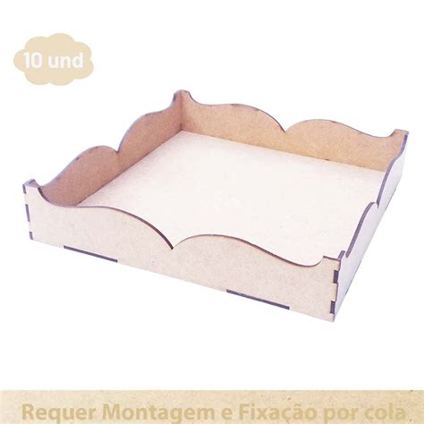 Kit 10 Bandeja Cesta Mdf Cru 20x20cm Lisa Borda Ondas Festa De