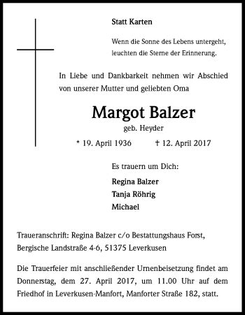 Traueranzeigen Von Margot Balzer WirTrauern