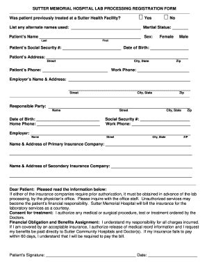 Fillable Online SUTTER MEMORIAL HOSPITAL LAB PROCESSING REGISTRATION