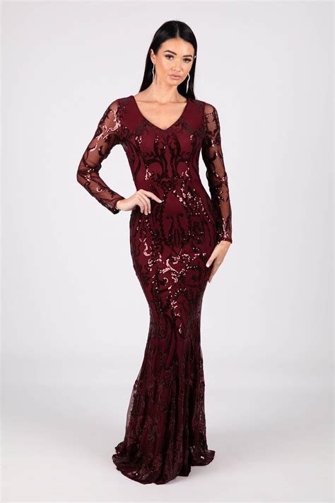 Amelia Long Sleeve Pattern Sequin Gown Burgundy Noodz Boutique