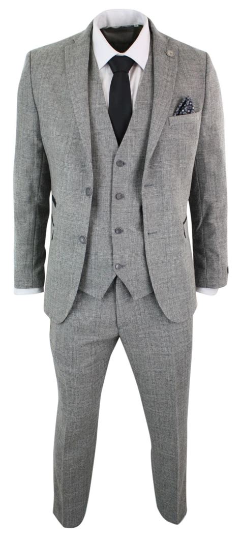 Men S Grey Check Piece Tweed Prince Of Wales Suit Stz Happy