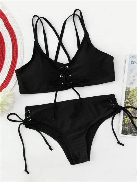 Eyelet Lace Up Strappy Back Bikini Set Shein Sheinside Trendy