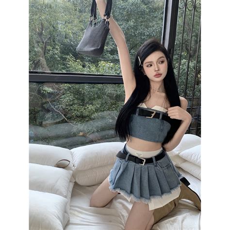 Jual Takealook Suit Female Spring Korean Fashion Hot Girl Short Tube Top Vest High Waist A Line