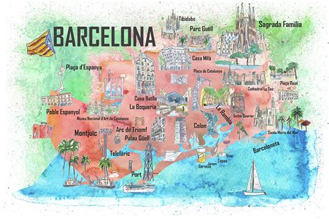 Barcelona Catalonia Spain Illustrated Travel Poster Favorite Map