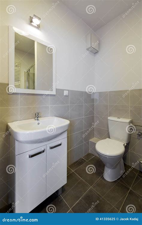 Modern Tiled Bathroom With Toilet Sink And Mirror Stock Image Image