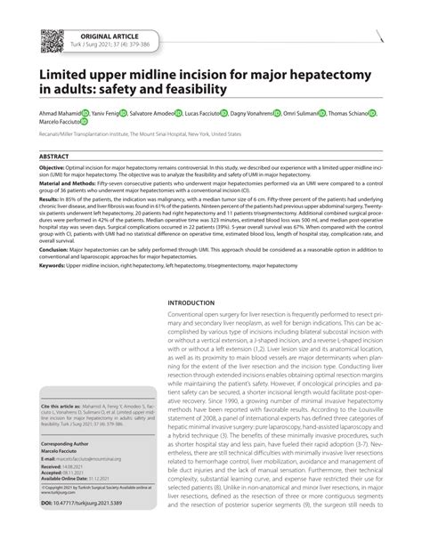 Pdf Limited Upper Midline Incision For Major Hepatectomy In Adults