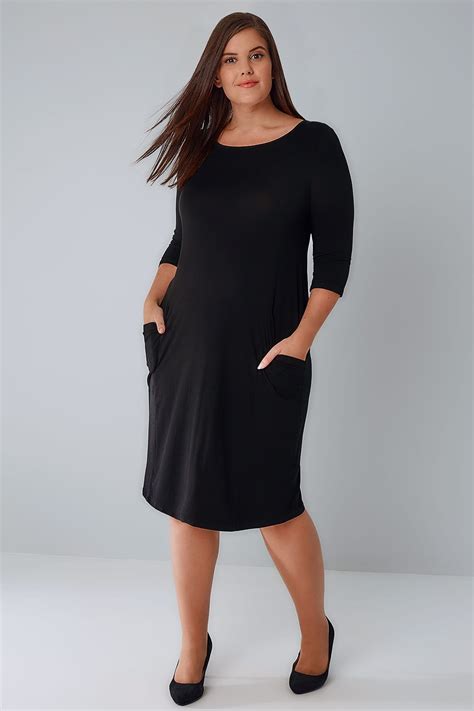 Black Jersey Dress With Drop Pockets And 3 4 Length Sleeves Plus Size 16