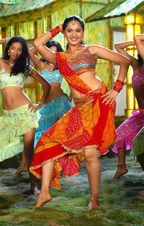 Anushka Shetty Hot Hip Navel Show In Orange Lehenga Choli