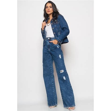 Calça Wide Leg Jeans Escuro Rasgos Salvatore Fashion Modelo wide