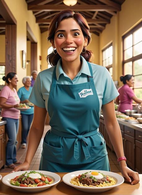 Premium Photo A Woman In A Blue Apron Holding Plates Of Food