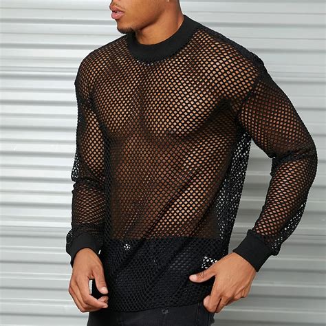 Mens Sexy Fishnet See Through T Shirt Long Sleeve Transparent Tshirt