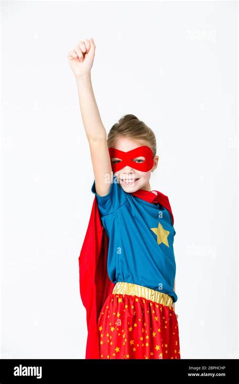 Pretty Blonde Supergirl With Red Cape Stock Photo Alamy