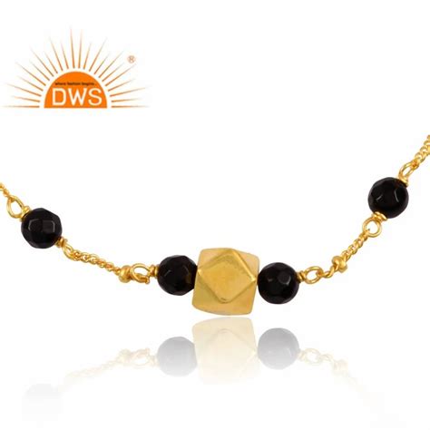 925 Sterling Silver 18k Gold Plated Natural Black Onyx Beaded Gemstone